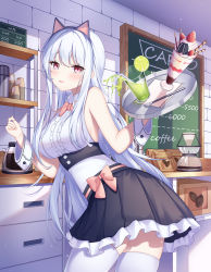 Rule 34 | 1girl, animal ears, azur lane, blush, bow, bowtie, breasts, cafe, dido (azur lane), dress, dress bow, ear ribbon, hairband, hand up, highres, holding, holding tray, kitchen, lin (user uzmw2535), long hair, looking at viewer, maid, pink bow, pink bowtie, red eyes, silver hair, solo, standing, thighhighs, tray, white thighhighs