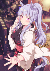 Rule 34 | 1girl, absurdres, animal ears, black kimono, blunt bangs, blush, bow, breasts, ear ribbon, fence, floral print, gold ship (umamusume), grey hair, hand on own face, high ponytail, highres, horse ears, horse girl, horse tail, japanese clothes, kimono, large breasts, long hair, long sleeves, looking at viewer, omega.ep, onsen, open mouth, ponytail, print kimono, purple eyes, smile, solo, tail, umamusume, wooden fence, yukata