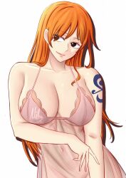 Rule 34 | 1girl, breasts, large breasts, mifenami, nami (one piece), nightgown, one piece, orange hair, shoulder tattoo, tattoo