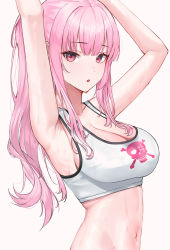 Rule 34 | 1girl, :o, armpits, arms behind head, arms up, bare shoulders, breasts, cleavage, collarbone, commentary, crop top, eyelashes, from side, highres, hololive, hololive english, large breasts, long hair, looking at viewer, michelan, midriff, mori calliope, mori calliope (streetwear), navel, parted lips, pink eyes, pink hair, ponytail, red eyes, shirt, sidelocks, simple background, skull print, sleeveless, sleeveless shirt, solo, stomach, sweat, upper body, virtual youtuber, white shirt