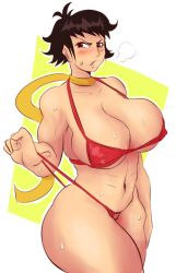 Rule 34 | 1girl, bikini, blush, breasts, brown eyes, brown hair, cleavage, covered erect nipples, highres, large breasts, makoto (street fighter), short hair, solo, standing, street fighter, sweat, swimsuit