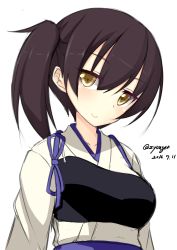 Rule 34 | 10s, 1girl, 2014, brown hair, dated, hair between eyes, japanese clothes, jougen, kaga (kancolle), kantai collection, muneate, short hair, short ponytail, side ponytail, smile, solo, twitter username, upper body, white background, yellow eyes