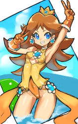 Rule 34 | 1girl, alternate costume, arm up, armpits, blue eyes, breasts, brown hair, cloud, commentary request, covered erect nipples, crown, dakusuta, double v, earrings, flower earrings, gloves, grin, hand gesture, highres, jewelry, legs, long hair, looking at viewer, mario (series), medium breasts, nintendo, princess daisy, smile, solo, super mario land, tomboy, v, water