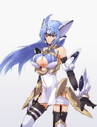 Rule 34 | 1girl, ahoge, android, arm guards, bare shoulders, black gloves, black thighhighs, blue hair, boots, breasts, cleavage, cleavage cutout, closed mouth, clothing cutout, depo (typebaby505), dress, elbow gloves, forehead protector, garter straps, gloves, headgear, highres, hip vent, kos-mos, kos-mos ver. 4, large breasts, long hair, red eyes, simple background, sleeveless, sleeveless dress, solo, standing, thigh boots, thighhighs, white dress, xenosaga, xenosaga episode iii