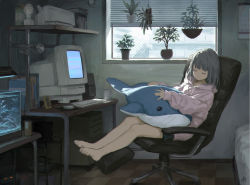 Rule 34 | 1girl, artist name, barefoot, book, bust (sculpture), calendar (object), chair, checkered floor, closed eyes, computer, crt, cup, day, facing viewer, fish tank, grey hair, highres, holding, holding stuffed toy, hood, hood down, hoodie, indoors, keyboard (computer), lamp, long hair, long sleeves, monitor, mouse (computer), office chair, original, pink hoodie, plant, printer, room, sculpture, sho (sho lwlw), shorts, sitting, sleeping, solo, statue, stuffed animal, stuffed toy, stuffed whale, swivel chair, table, window