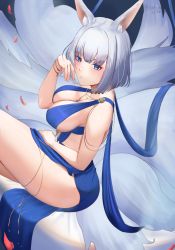 Rule 34 | 1girl, animal ear fluff, animal ears, azur lane, bare arms, bare legs, bare shoulders, blue dress, blue eyes, blush, bob cut, breasts, cafenami, closed mouth, cocktail dress, crossed legs, dress, dutch angle, eyebrows hidden by hair, falling petals, fox ears, fox girl, fox tail, from side, glint, hand on own cheek, hand on own face, hand on own thigh, head rest, head tilt, highres, kaga (azur lane), kaga (exalted white wings) (azur lane), kitsune, kyuubi, large breasts, looking at viewer, medium hair, multiple tails, official alternate costume, petals, revealing clothes, revision, short hair, sideboob, sidelocks, sitting, sleeveless, sleeveless dress, solo, tail, thighs, twitter username, white hair, white tail