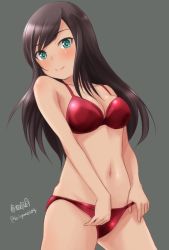 Rule 34 | 1girl, artist name, bad id, bad twitter id, bikini, bikini pull, blush, breasts, brown hair, cleavage, closed mouth, clothes pull, cowboy shot, federica n. doglio, green eyes, grey background, haruhata mutsuki, long hair, looking at viewer, medium breasts, red bikini, signature, simple background, skindentation, smile, solo, standing, strike witches: kurenai no majo-tachi, swept bangs, swimsuit, twitter username, world witches series
