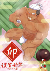 Rule 34 | 1boy, abs, alcohol, bamboo, bara, beard, biceps, bottle, choko (cup), cup, drink, facial hair, fundoshi, grey hair, japanese clothes, kanji, karakuraax, large pectorals, looking up, male focus, manly, mature male, multicolored hair, muscular, muscular male, nipples, no pants, no shirt, original, outdoors, pectorals, pink water, red eyes, sake, sake bottle, smirk, solo, thick arms, thick eyebrows, thick thighs, thighs, topless male, undercut, water, white hair