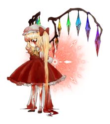 Rule 34 | 1girl, blood, blood on face, blood on clothes, blood in hair, bow, closed mouth, flandre scarlet, full body, hat, looking down, mob cap, red eyes, side ponytail, solo, touhou, transparent background, wangnyunim