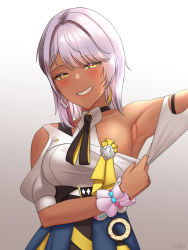 Rule 34 | 1girl, 1nilla&#039;, :d, arm up, armpits, blue jacket, breasts, carole peppers, clothes around waist, dark-skinned female, dark skin, earrings, grin, highres, honkai (series), honkai impact 3rd, jacket, jacket around waist, jewelry, looking at viewer, open mouth, shirt, short hair, sideboob, smile, solo, sweat, teeth, white hair, white shirt, yellow eyes