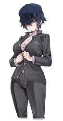 Rule 34 | 1girl, absurdres, black jacket, black pants, blue eyes, blue hair, blue hat, blush, breasts, cabbie hat, cleavage, closed mouth, collared shirt, commentary, cowboy shot, dress shirt, dressing, embarrassed, expressionless, gompang 11, hair between eyes, hat, highres, houndstooth, jacket, large breasts, looking at self, looking down, open clothes, open shirt, pants, persona, persona 4, popped collar, sarashi, school uniform, shirogane naoto, shirt, short hair, simple background, solo, standing, sweatdrop, tomboy, undone sarashi, unmoving pattern, very short hair, white background, white shirt, yasogami school uniform