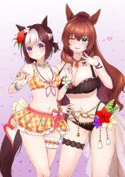 Rule 34 | absurdres, animal ears, beiqi coconut, bikini, breasts, brown hair, flower, green eyes, highres, horse ears, horse girl, horse tail, large breasts, looking at viewer, maruzensky (blasting off summer night) (umamusume), maruzensky (umamusume), medium breasts, multicolored hair, navel, one eye closed, original, purple eyes, short hair, special week (hopping vitamin heart) (umamusume), special week (umamusume), swimsuit, tail, thigh strap, tracen swimsuit, twintails, two-tone hair, umamusume