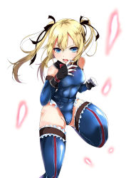 Rule 34 | 1girl, absurdres, bad id, bad pixiv id, bare shoulders, blonde hair, blue eyes, blue one-piece swimsuit, blue thighhighs, breasts, cameltoe, dead or alive, dead or alive 5, detached sleeves, female focus, fighting stance, frilled thighhighs, frills, gloves, hair ribbon, highres, leotard, long hair, looking at viewer, marie rose, one-piece swimsuit, open mouth, petals, ribbon, simple background, small breasts, solo, swimsuit, thighhighs, twintails, yorughi