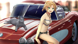 Rule 34 | 1girl, bandeau, bare shoulders, belt, beppu mitsunaka, braid, breasts, car, cat, chevrolet, chevrolet corvette, chevrolet corvette c1, collarbone, cutoffs, denim, denim shorts, fate (series), french braid, green eyes, hair ornament, hair scrunchie, highres, jewelry, long hair, looking at viewer, mordred (fate), mordred (fate/apocrypha), mordred (memories at trifas) (fate), motor vehicle, navel, necklace, open mouth, parted bangs, ponytail, red scrunchie, scrunchie, shorts, sidelocks, small breasts, smile, strapless, thighs, tube top, vehicle focus