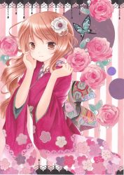 Rule 34 | 1girl, acrylic paint (medium), bad id, bad pixiv id, beads, brown eyes, brown hair, bug, butterfly, floral print, flower, hair flower, hair ornament, highres, insect, japanese clothes, kimono, long hair, looking at viewer, obi, original, painting (medium), pink flower, pink rose, pom77, rose, sash, smile, solo, striped, striped background, traditional media, vertical stripes, wavy hair