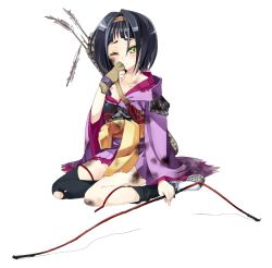 Rule 34 | 1girl, black hair, blunt bangs, bow (weapon), broken arrow, broken bow, full body, gloves, green eyes, hairband, hand on own face, holding, holding bow (weapon), holding weapon, kanzaki karuna, official art, one eye closed, oshiro project:re, oshiro project:re, partially fingerless gloves, partly fingerless gloves, seiza, short hair, sitting, solo, tanba yokoyama (oshiro project), thighhighs, torn clothes, torn thighhighs, transparent background, weapon, yugake