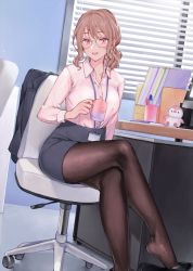 Rule 34 | 1girl, window blinds, blouse, brown hair, brown pantyhose, chair, collared shirt, monitor, cup, desk, glasses, id card, jacket, unworn jacket, lanyard, looking at viewer, mug, office chair, office lady, pantyhose, pink eyes, shirt, shoe dangle, shoes, sitting, skirt, solo, swivel chair, tagme, white shirt, window