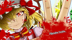 Rule 34 | 1girl, adapted costume, alternate costume, bad id, bad pixiv id, blonde hair, blood, bow, bowtie, covering one eye, crystal, flandre scarlet, gradient background, hat, hat ribbon, looking at viewer, mob cap, outstretched hand, red eyes, ribbon, short hair, slit pupils, smile, solo, sparkle, sugar sound, touhou, typo, upper body, vest, wings