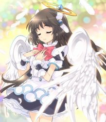 Rule 34 | 1girl, angel wings, apron, black hair, blue skirt, bow, closed eyes, feathers, frills, hair ornament, hairpin, halo, highres, ito noizi, kamisama to unmei (series), kamisama to unmei kakumei no paradox, long hair, multicolored background, official art, pink bow, ribbon, saotome liliel, skirt, smile, solo, white wings, wings, wrist cuffs