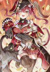 Rule 34 | 1girl, animal, animal ear fluff, animal ears, ascot, bicorne, black choker, black coat, black headwear, black thighhighs, breasts, cat, cat ears, cat girl, cat tail, choker, cleavage, coat, coin, cropped jacket, frilled choker, frills, gold coin, hair ornament, hair ribbon, hat, highres, holding, holding animal, holding cat, hololive, houshou marine, houshou marine (1st costume), jacket, large breasts, leotard, leotard under clothes, long hair, looking at viewer, miniskirt, open mouth, paw print, pirate hat, pleated skirt, red ascot, red coat, red hair, red ribbon, ribbon, ryoma (rym 369), skirt, sleeves past wrists, smile, tail, teeth, thighhighs, twintails, two-sided coat, two-sided fabric, upper teeth only, virtual youtuber, yellow eyes