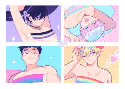 Rule 34 | 4boys, adrian (boyfriends), asexual flag, bags under eyes, bisexual flag, bisexual male, black eyes, black hair, blonde hair, blue hair, boyfriends (refrainbow), bracelet, felix (boyfriends), gradient hair, gris swimsuit, hat, heart, highres, jewelry, kevin (boyfriends), lgbt pride, light blue hair, looking at viewer, mastectomy scar, meme attire, multicolored hair, multiple boys, one eye closed, open mouth, pink hair, purple eyes, purple headwear, rainbow flag, refrainbow, round eyewear, scar, scar on breasts, scar on chest, see-through swimsuit, short hair, smile, strapless, strapless one-piece swimsuit, sun hat, swimsuit, vincent (boyfriends)