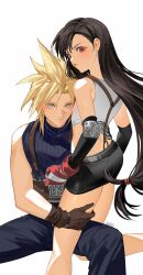 Rule 34 | 1boy, 1girl, bare legs, bare shoulders, belt, black hair, black skirt, blonde hair, blue eyes, blush, brown gloves, clenched hand, cloud strife, couple, crop top, detached sleeves, duoj ji, earrings, elbow pads, eyelashes, final fantasy, final fantasy vii, fingerless gloves, gloves, hand on another&#039;s thigh, highres, jewelry, light smile, lips, long hair, looking at viewer, low-tied long hair, miniskirt, parted lips, red eyes, red gloves, sitting, skirt, sleeveless, sleeveless turtleneck, spiked hair, suspender skirt, suspenders, sweater, tank top, tifa lockhart, turtleneck, turtleneck sweater, white background, white tank top