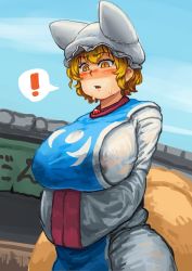 Rule 34 | !, 1girl, adapted costume, animal hat, blonde hair, blue sky, blush, breasts, chanta (ayatakaoisii), cloud, commentary request, covered erect nipples, day, embarrassed, extra ears, fox tail, hands in opposite sleeves, hat, highres, huge breasts, lactation, lactation through clothes, long skirt, long sleeves, looking down, mob cap, multiple tails, nose blush, open mouth, outdoors, own hands together, shirt, short hair, sidelocks, skirt, sky, slit pupils, solo, spoken exclamation mark, sweat, sweatdrop, tabard, tail, touhou, upper body, white shirt, white skirt, wide sleeves, yakumo ran