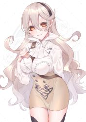 Rule 34 | 1girl, absurdres, blush, breasts, closed mouth, collared shirt, corrin (female) (fire emblem), corrin (fire emblem), fire emblem, fire emblem: three houses, fire emblem fates, fire emblem if, garreg mach monastery uniform, hairband, highres, intelligent systems, kita 282, leather strap, long hair, looking at viewer, medium breasts, nintendo, red eyes, shirt, smile, solo, thigh gap, thighhighs, thighs, upper body, zettai ryouiki