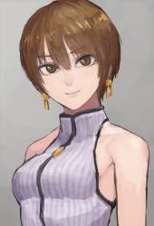Rule 34 | bad id, bad pixiv id, bare shoulders, borrowed character, brown eyes, brown hair, earrings, fushoku, jewelry, light smile, ribbed sweater, short hair, simple background, sleeveless, sleeveless turtleneck, solo, sweater, turtleneck, zipper pull tab