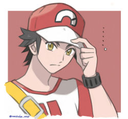 Rule 34 | ..., 1boy, adjusting clothes, adjusting headwear, artist name, bad id, bad pixiv id, baseball cap, black hair, border, closed mouth, creatures (company), expressionless, game freak, hand up, hat, looking at viewer, male focus, nintendo, outside border, pokemon, pokemon sm, raglan sleeves, red (pokemon), red background, red hat, red shirt, rorosuke, shirt, short hair, short sleeves, sidelocks, simple background, sketch, solo, twitter username, upper body, watch, white border, wristwatch, yellow eyes
