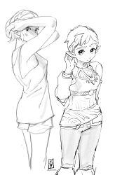 Rule 34 | 1girl, absurdres, blue sky (kbluebirdart), commentary, english commentary, greyscale, hands in own hair, highres, looking at viewer, monochrome, multiple views, nintendo, official alternate hairstyle, pants, pointy ears, princess zelda, prototype design, shirt, short hair, short shorts, shorts, sleeveless, sleeveless shirt, standing, the legend of zelda, the legend of zelda: tears of the kingdom, very short hair