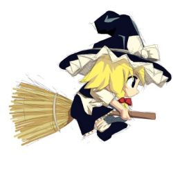 Rule 34 | 1girl, apron, bamboo broom, black dress, black eyes, black hat, blonde hair, bow, broom, broom riding, chibi, chibi only, dress, female focus, flying, frilled dress, frills, full body, hair bow, hat, hat bow, kirisame marisa, loafers, lowres, phi lin, profile, shoes, simple background, solo, touhou, white background, white legwear, witch hat
