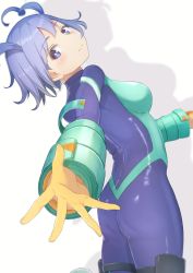 Rule 34 | 1girl, absurdres, ass, blue bodysuit, blue eyes, blue hair, bodysuit, boku no hero academia, closed mouth, gloves, green bodysuit, hadou nejire, hair horns, highres, leaning back, mimori (mimori 05), official alternate hairstyle, outstretched arm, short hair, skin tight, smile, solo, standing, superhero costume, yellow gloves