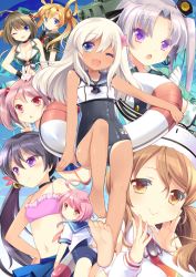 Rule 34 | 6+girls, :o, ;), abukuma (kancolle), ahoge, aircraft, airplane, akebono (kancolle), akitsushima (kancolle), arm (artist), ass, barefoot, bell, beret, bikini, black gloves, blonde hair, blue eyes, blush, breasts, brown eyes, brown hair, buttons, cleavage, closed mouth, collarbone, commentary request, covered navel, crop top, double bun, flower, frills, full body, gloves, grey hair, hair bell, hair between eyes, hair bobbles, hair bun, hair flower, hair ornament, hair ribbon, hair rings, hairclip, hat, hat ribbon, headgear, i-58 (kancolle), jingle bell, kantai collection, lifebuoy, littorio (kancolle), long hair, long sleeves, looking at viewer, looking back, maya (kancolle), medium breasts, midriff, mini hat, multiple girls, navel, neckerchief, necktie, nishikitaitei-chan, one-piece swimsuit, one-piece tan, one eye closed, open mouth, pink bikini, pink eyes, pink hair, pleated skirt, ponytail, pout, purple eyes, purple hair, rabbit, red eyes, red ribbon, ribbon, ro-500 (kancolle), sailor collar, sazanami (kancolle), school swimsuit, school uniform, serafuku, shirt, short hair, short sleeves, side ponytail, sidelocks, skirt, sleeveless, small breasts, smile, standing, swim ring, swimsuit, swimsuit under clothes, tan, tanline, torpedo, twintails, type 95 torpedo, uniform, v, wavy hair, white gloves, x hair ornament