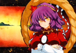 Rule 34 | 1girl, autumn leaves, bad id, bad pixiv id, closed mouth, crossed arms, hair between eyes, hair ornament, hill, lake, layered sleeves, leaf hair ornament, long sleeves, looking at viewer, mirror, multicolored eyes, nail polish, orange background, outdoors, puffy short sleeves, puffy sleeves, purple hair, qqqrinkappp, red eyes, red shirt, rope, shimenawa, shirt, short hair, short over long sleeves, short sleeves, smile, sunset, touhou, traditional media, white sleeves, yasaka kanako