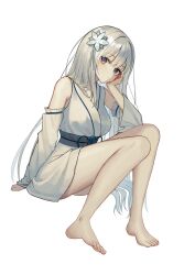 Rule 34 | 1girl, barefoot, blush, feet, hand on own cheek, hand on own face, highres, long hair, looking at viewer, purple eyes, silver hair, toes