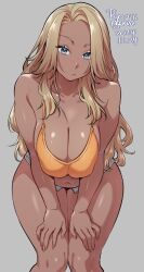 1girl agawa_ryou armpit_crease artist_name bare_arms bare_shoulders blonde_hair blue_eyes breasts breasts_squeezed_together camisole cleavage closed_mouth collarbone covered_erect_nipples cowboy_shot curtained_hair dark-skinned_female dark_skin dated fingernails frown grey_background hands_on_own_knees hanging_breasts knees_together_feet_apart large_breasts leaning_forward long_fingernails long_hair looking_at_viewer micro_shorts navel orange_camisole original ribbed_camisole shorts side_part sidelocks simple_background solo spaghetti_strap standing stomach thick_thighs thighs