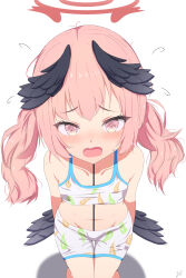 Rule 34 | absurdres, black feathers, black wings, blue archive, blush, collarbone, feathers, flat chest, flying sweatdrops, furrowed brow, halo, highres, koharu (blue archive), leaf print, looking at viewer, medium hair, navel, open mouth, pink eyes, pink hair, pink halo, sweatdrop, swimsuit, twintails, white background, wings, zhyseven