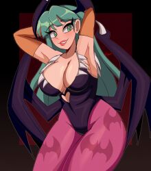 Rule 34 | 1girl, armpits, arms behind head, artist name, bat wings, breasts, capcom, cleavage, covered navel, demon girl, green eyes, green hair, highres, large breasts, legs, long hair, morrigan aensland, parted lips, red lips, smile, solo, thick thighs, thighs, vampire (game), wings