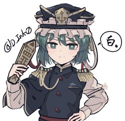 Rule 34 | 1girl, black hat, bright pupils, buttons, closed mouth, commentary request, d ink0, epaulettes, frilled hat, frills, green eyes, green hair, hat, highres, korean commentary, long sleeves, looking at viewer, rod of remorse, shiki eiki, short hair, solo, speech bubble, touhou, translation request, twitter username, upper body, white pupils