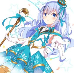 Rule 34 | 1girl, blue eyes, blue hair, blue ribbon, blue skirt, blush, closed mouth, commentary request, crown, eighth note, gloves, gochuumon wa usagi desu ka?, hair between eyes, hair ornament, highres, holding, holding microphone, kafuu chino, kousaka nobaku, long hair, microphone, mini crown, musical note, outstretched arm, pleated skirt, print skirt, ribbon, ringlets, shirt, skirt, sleeveless, sleeveless shirt, smile, snowflake print, solo, star (symbol), tippy (gochiusa), two side up, very long hair, white background, white gloves, white shirt, x hair ornament