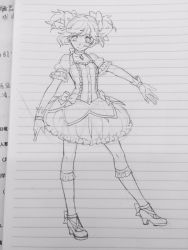 Rule 34 | 1girl, bubble skirt, choker, commentary, flat chest, floating hair, frilled shirt, frilled sleeves, frills, full body, gloves, greyscale, high heels, kaname madoka, kneehighs, lemontea, looking at viewer, mahou shoujo madoka magica, mahou shoujo madoka magica (anime), monochrome, outstretched arms, photo (medium), puffy short sleeves, puffy sleeves, ribbon, shirt, short hair, short sleeves, short twintails, sketch, skirt, smile, socks, solo, soul gem, standing, traditional media, twintails