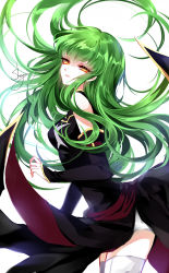 Rule 34 | 1girl, absurdres, artist name, bare shoulders, black dress, breasts, c.c., code geass, commentary, cowboy shot, detached sleeves, dress, eyelashes, from side, green hair, hair between eyes, head tilt, highres, long hair, long sleeves, looking at viewer, medium breasts, parted lips, red sash, sash, sheya, side slit, signature, simple background, smile, solo, standing, thighhighs, thighs, white background, white thighhighs, yellow eyes, zettai ryouiki