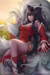 Rule 34 | 1girl, ahri (league of legends), animal ears, black hair, boots, braid, breasts, chuby mi, detached sleeves, dress, fox ears, league of legends, long hair, looking at viewer, solo, standing, thighs, yellow eyes