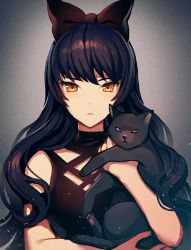 Rule 34 | 1girl, animal, black cat, black dress, black hair, blake belladonna, bow, cat, closed mouth, commentary, dress, english commentary, grey background, hair bow, holding, holding animal, holding cat, long hair, looking at viewer, red bow, rwby, satchely, solo, upper body, yellow eyes