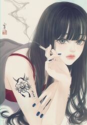 Rule 34 | 1girl, arm support, arm tattoo, bare arms, bare shoulders, black hair, blue nails, blunt bangs, bra, cigarette, closed mouth, commentary request, fingernails, grey eyes, hand up, hannya, highres, holding, holding cigarette, long hair, looking at viewer, lying, nail polish, on stomach, original, red bra, seal impression, signature, simple background, smoke, smoking, solo, tattoo, under covers, underwear, underwear only, upper body, ushiyama ame