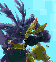 Rule 34 | 2021, 2boys, angry, animal ears, artist request, brothers, cherubimon, cherubimon (vice), clenched hands, corruption, creepy, dark persona, dated, digimon, digimon (creature), digimon adventure 02: digimon hurricane jouriku!! chouzetsu shinka!! ougon no digimental, evil, evil grin, evil smile, fighting, glowing, grin, looking at another, monster, monster boy, multiple boys, rapidmon (armor), reaching, reaching towards viewer, sharp teeth, siblings, size difference, smile, smirk, teeth