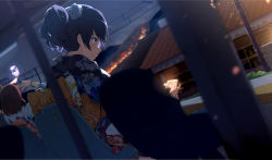 Rule 34 | 1girl, black hair, blurry, blush, bokeh, brown hair, cellphone, city lights, closed mouth, depth of field, floral print, flower, glowing, hair flower, hair ornament, highres, holding, holding phone, japanese clothes, kimono, light particles, multiple girls, nape, night, night sky, ogipote, original, phone, ponytail, rooftop, selfie, sitting, sky, smartphone, smile, solo focus, v, yellow eyes, yukata