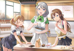 Rule 34 | 3girls, :d, ;d, apron, bare arms, bare shoulders, black skirt, blue eyes, bowl, brown eyes, brown hair, chocolate, collarbone, collared shirt, cup, cutting board, dress shirt, finger to mouth, frilled apron, frills, green shirt, grey hair, hair ornament, hair scrunchie, highres, holding, holding bowl, indoors, knife, long hair, mosta (lo1777789), multiple girls, one eye closed, open mouth, original, parted lips, pleated skirt, puffy short sleeves, puffy sleeves, red scrunchie, scrunchie, shirt, short sleeves, skirt, smile, standing, tank top, twintails, very long hair, whisk, white apron, white shirt, white tank top, window