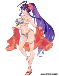 Rule 34 | 1girl, antenna hair, bikini, blazblue, breasts, curvy, flower, flower on head, hair flower, hair ornament, high ponytail, highres, large breasts, lips, long hair, looking at viewer, mai natsume, official art, pink eyes, ponytail, purple hair, shiny skin, solo, striped bikini, striped clothes, swimsuit, very long hair